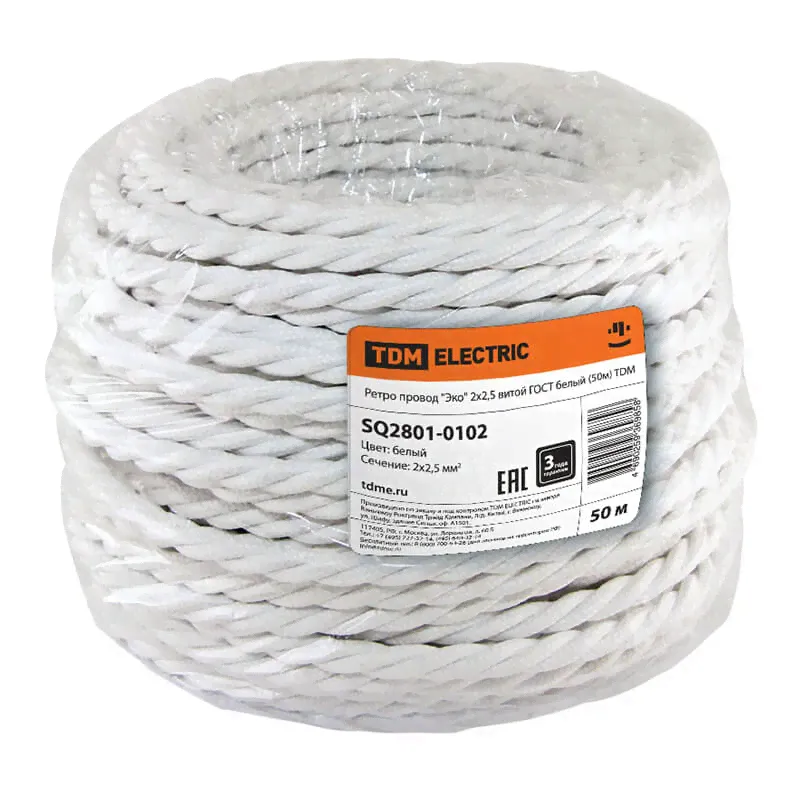 Ретро кабель витой ГОСТ (50 м.) 2*2.5, белый, SQ2801-0102 TDM ELECTRIC, серия Эко-0